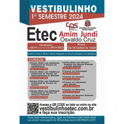 Etec abre inscrições para o vestibulinho 2023